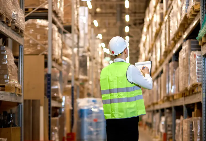An operations manager checking stock with a clipboard in a warehouse aisle